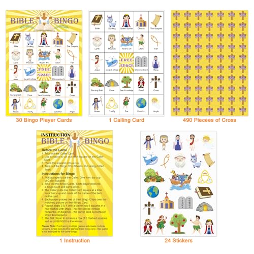 Bible Bingo Game for Kids - 30 Player Cards & Chips - Bible