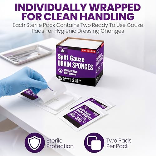 TenderGentle 50 Pack 4x4 Sterile Split Gauze Sponges for Catheters IVs Tracheostomy G Tubes