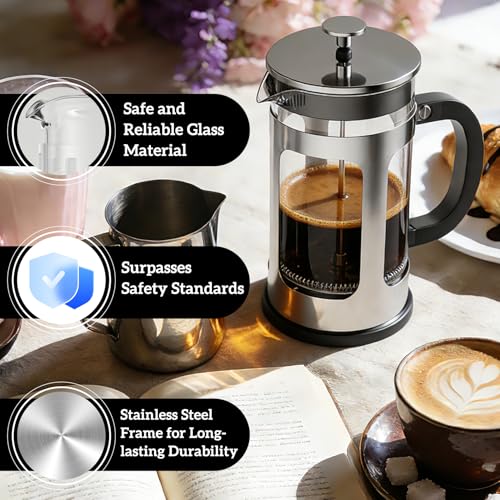 MOYAC Chrome French Press 34oz | Thickened Heat-Resistant Glass, 4-Level Filtration