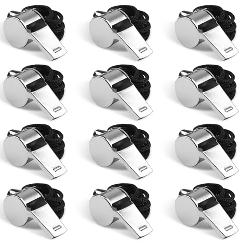 Loud Stainless Steel Sports Whistle with Lanyard - 12PCS