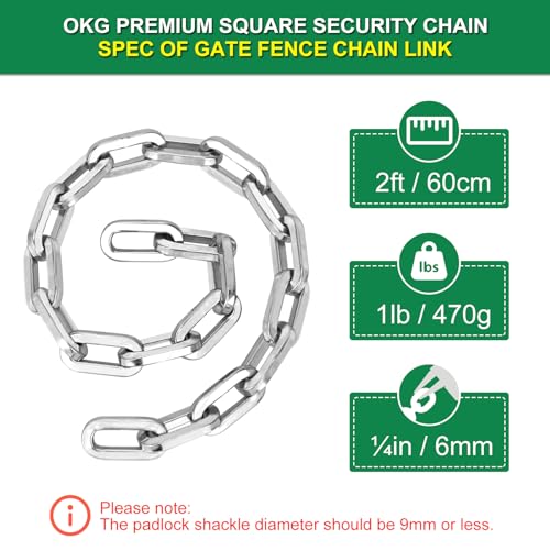 OKG Security Chain - 2ft x 1/4" Thick Outdoor Gate Chain, Cut Proof Chain Made of Hardened Alloy Steel Chain for Fences, Bicycles, Scooters, Pet Cages, Barn Door (Silver, No Lock)