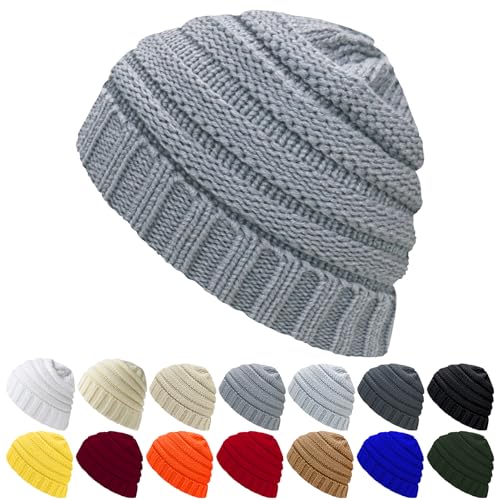 Women's Warm Cable Knit Beanie - Soft Striped Winter Hat - Grey