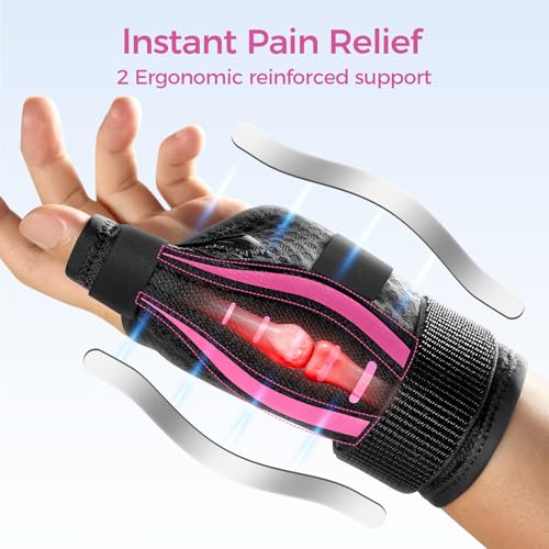 Fulday Thumb Brace Right/Left Hand Spica Splint - Thumb CMC De Quervains Support (Pink/Black, One Size Fits Both Hands, M)