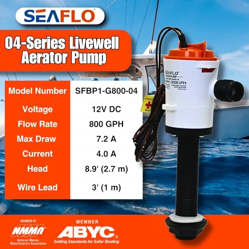 SEAFLO 04 Series 800 GPH Baitwell Livewell Aerator Pump Straight Intake 12V Saltwater/Freshwater