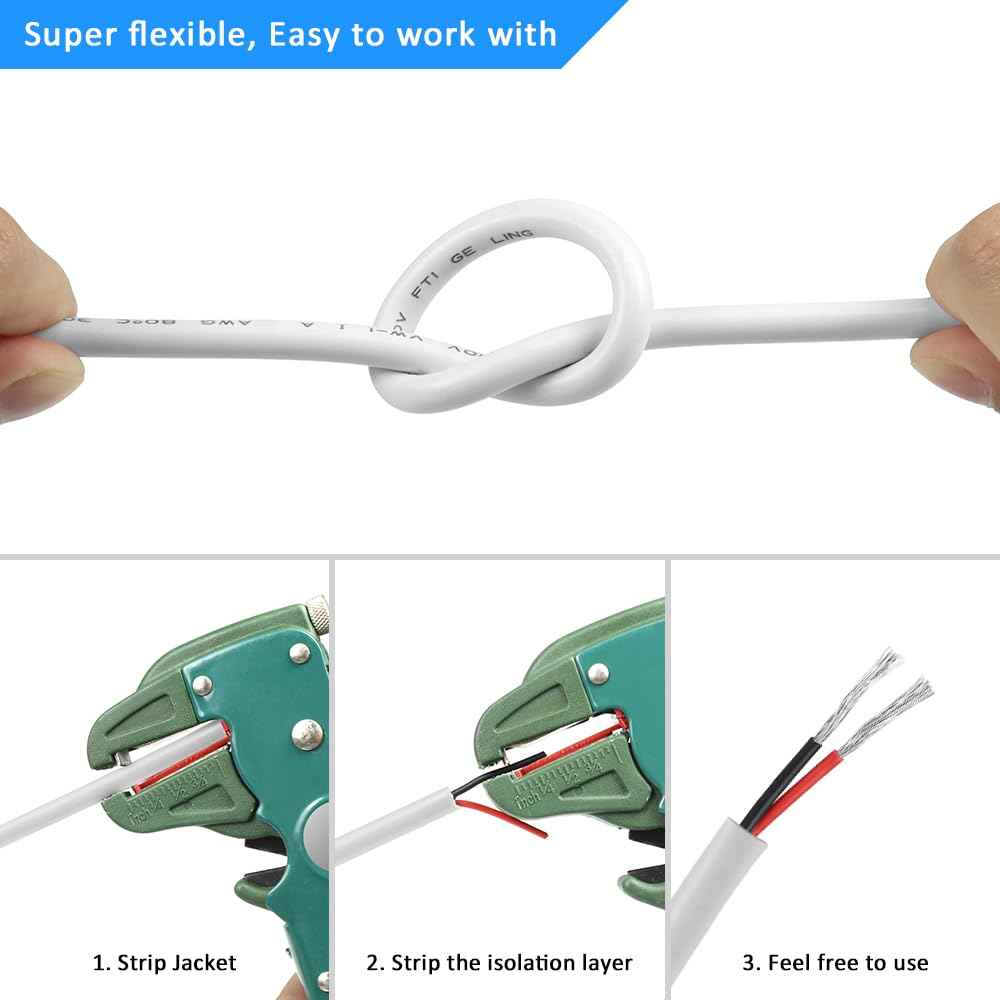 22 Gauge 2 Conductor Electrical Wire, 100FT White Stranded Low Voltage 22/2 PVC Case, 22 AWG Tinned Copper 2 Wire Extension Power for Strips LED Lamp Lighting