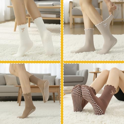 Cute Bow-Tie Ruffled Pilates Socks with Grips - Brown Color Scheme