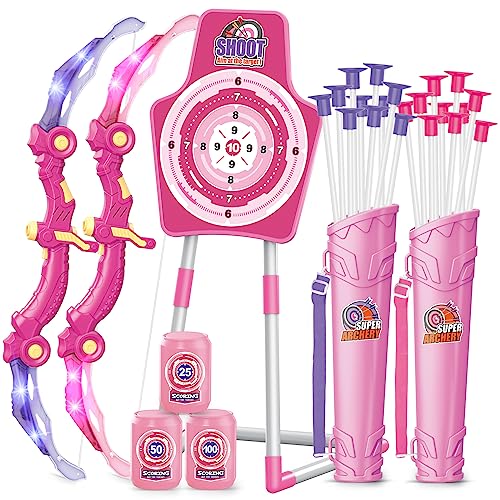Pink LED Light-Up Archery Set for Kids with Foam Dart Guns & Targets