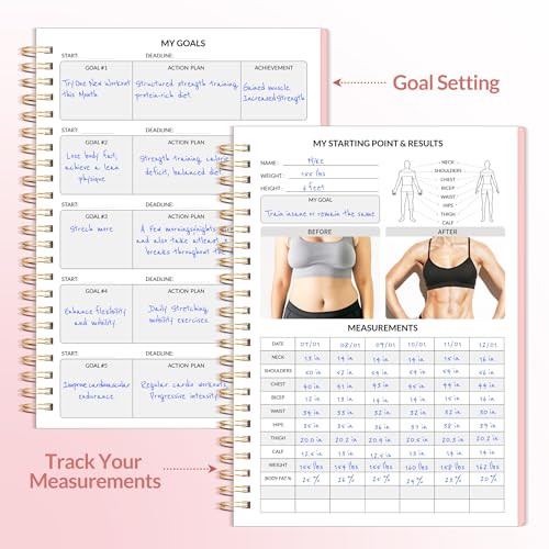 Pink A5 Fitness Journal Workout Planner for Men & Women, 6.4 x 8.3 inches, Gym & Home Use, Goal Tracking & Progress Log