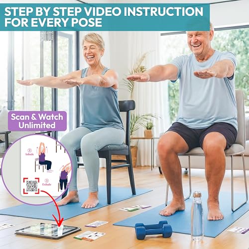 Chair Yoga Flash Cards for Seniors - 50 Exercise Cards with Video Guide