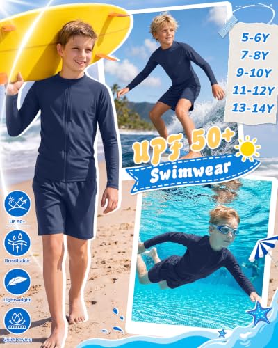 Boys Rash Guard Swim Set with Swim Trunks - 9-10 Years Navy Blue