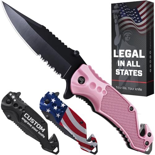 Pink GOOD WORKER 2.95” Serrated Pocket Knife - Tactical Folding Knife with Glass Breaker & Seat Belt Cutter - Women's Survival EDC Tool