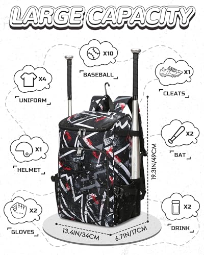 FOKDUVB Kids Baseball Softball Bag Black, Spacious Sports Equipment Organizer