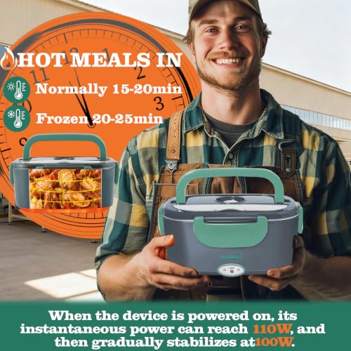 Green Electric Heated Lunch Box 100W Fast Heating 1.5L Food-Grade Stainless Steel Portable Food Warmer for Car Office