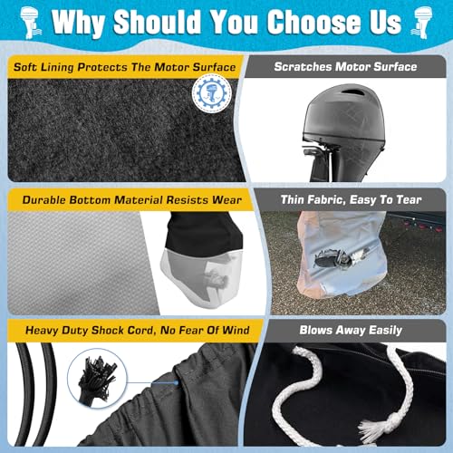 Universal Boat Motor Cover for 90-150 HP Outboard Engines - Silver Black, Heavy-Duty Waterproof Oxford Fabric, Windproof Design