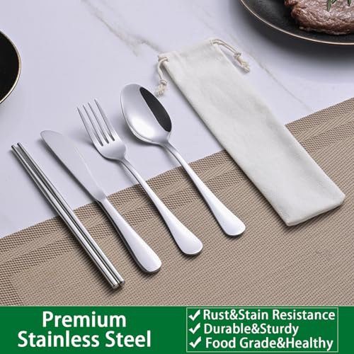 Portable Stainless Steel Travel Utensils Set with Pouch - Silver