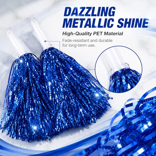 Cheerleading Pom Poms - 12 Pack Metallic Blue Pompoms with Handle