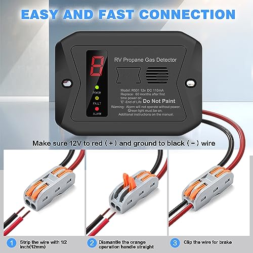 RV Propane Gas Detector, 12V DC, 85dB Alarm, Digital Display, Surface/Flush Mount, 5-Year Lifespan, Black