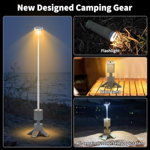 Camping Lantern, 14000mAh Rechargeable Telescopic Camping Lights Built-in Magnetic Stand with Speaker, Portable Waterproof Outdoor LED Flashlight for Emergency, Hiking, Camping, Fishing -Khaki
