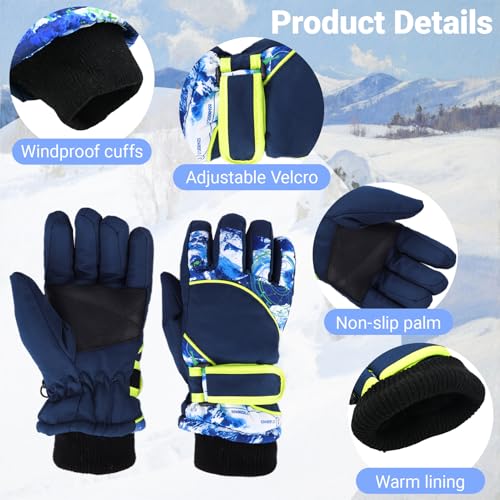 Kids Winter Ski Gloves - Windproof, Plush Lined, Black - Ages 4-7