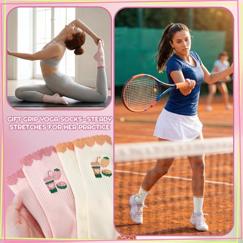 Cute Pilates Grip Socks for Women - Ruffle Crew Yoga Socks - Yellow & Pink