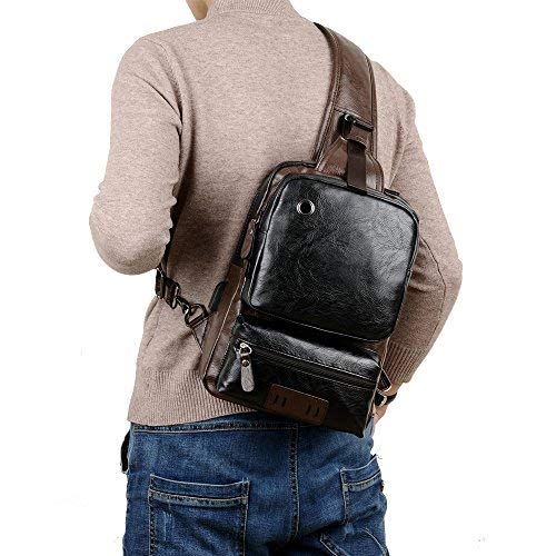 Small Black Sling Crossbody Backpack Shoulder Bag for Men Women Vintage PU Leather CrossBody One Strap Casual Sling Backpack Cycling USB Charger