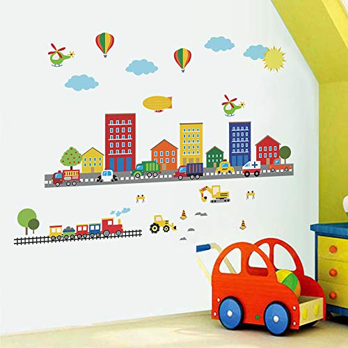 Runtoo Construction Transports Wall Decals Car Train Plane Kids Wall Stickers Bedroom Boys Nursery Home D?cor
