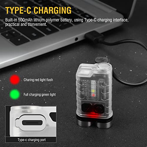 BORUIT V3 Mini 900LM Keychain Flashlight with UV/Red/Blue Light, USB-C Rechargeable, IP65, 12 Modes, Transparent Shell