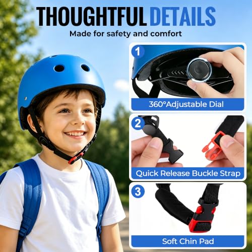 KOMOMOPLUS Kids Bike Helmet Blue M 21.3-22.8in Adjustable Dial Safe for Ages 8-14