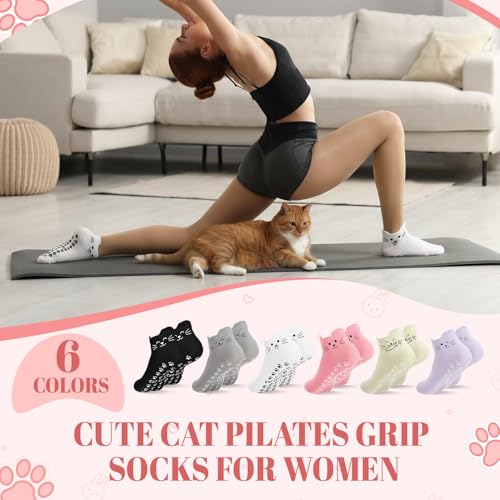 Cute Non-Slip Cat Pilates Ankle Socks for Women - 6 Pairs, One Size