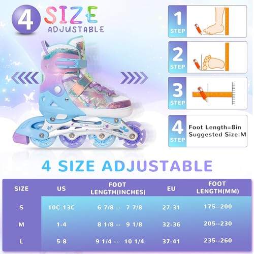Adjustable Inline Skates for Kids - Purple Butterfly Design, Light Up Wheels
