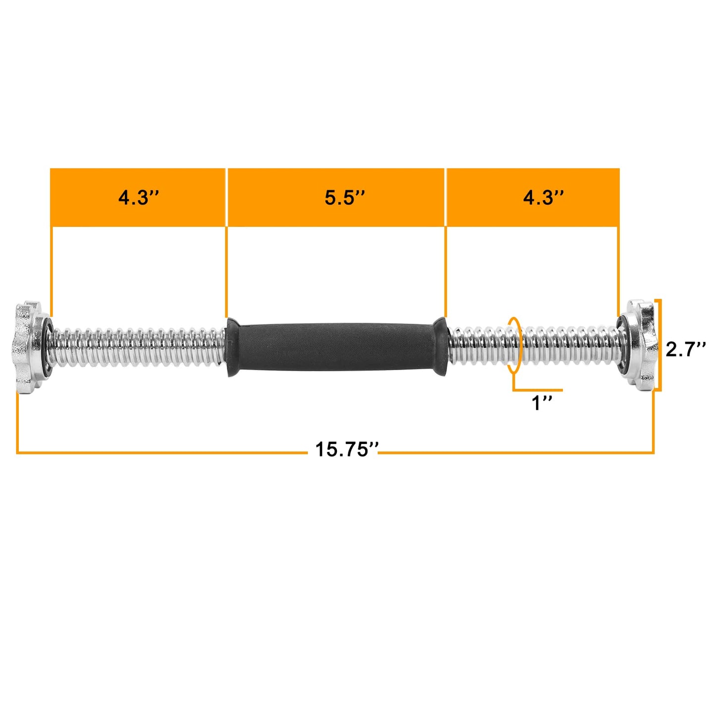 Threaded Dumbbell Rubber Handles 1 Inch Pair, 15.75" Adjustable Dumbbell Bar Handles, Fits Standard Weight Plates with 1” Diameter, for Gym Workouts, Exercise, Weightlifting, Sold in Pair