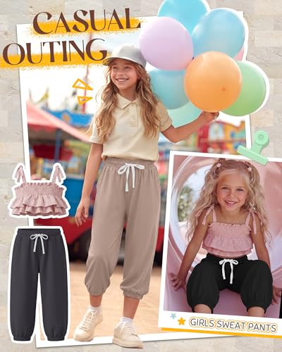 Girls Capri Joggers - 3 Pack Crop Pants, Black+Khaki+Dark Gray, 9-10 Years