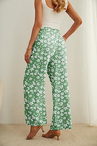 IWOLLENCE X-Large Green White Flower High Waist Palazzo Pants with Pockets, Wide Leg Beach & Lounge Trousers