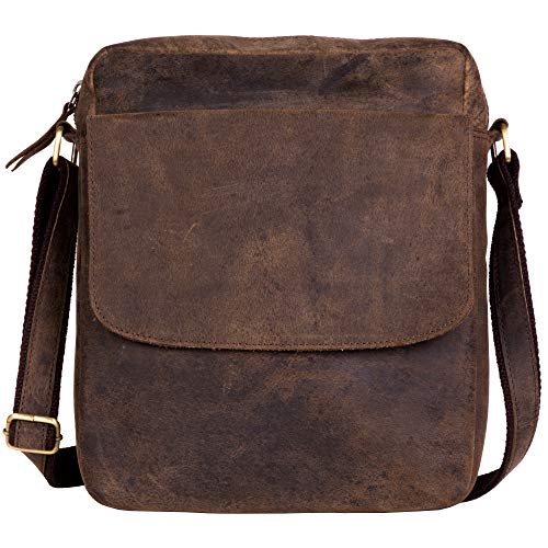Distressed Tan Leather Crossbody Messenger Bag for Men & Women, 11 Inch Tablet Satchel