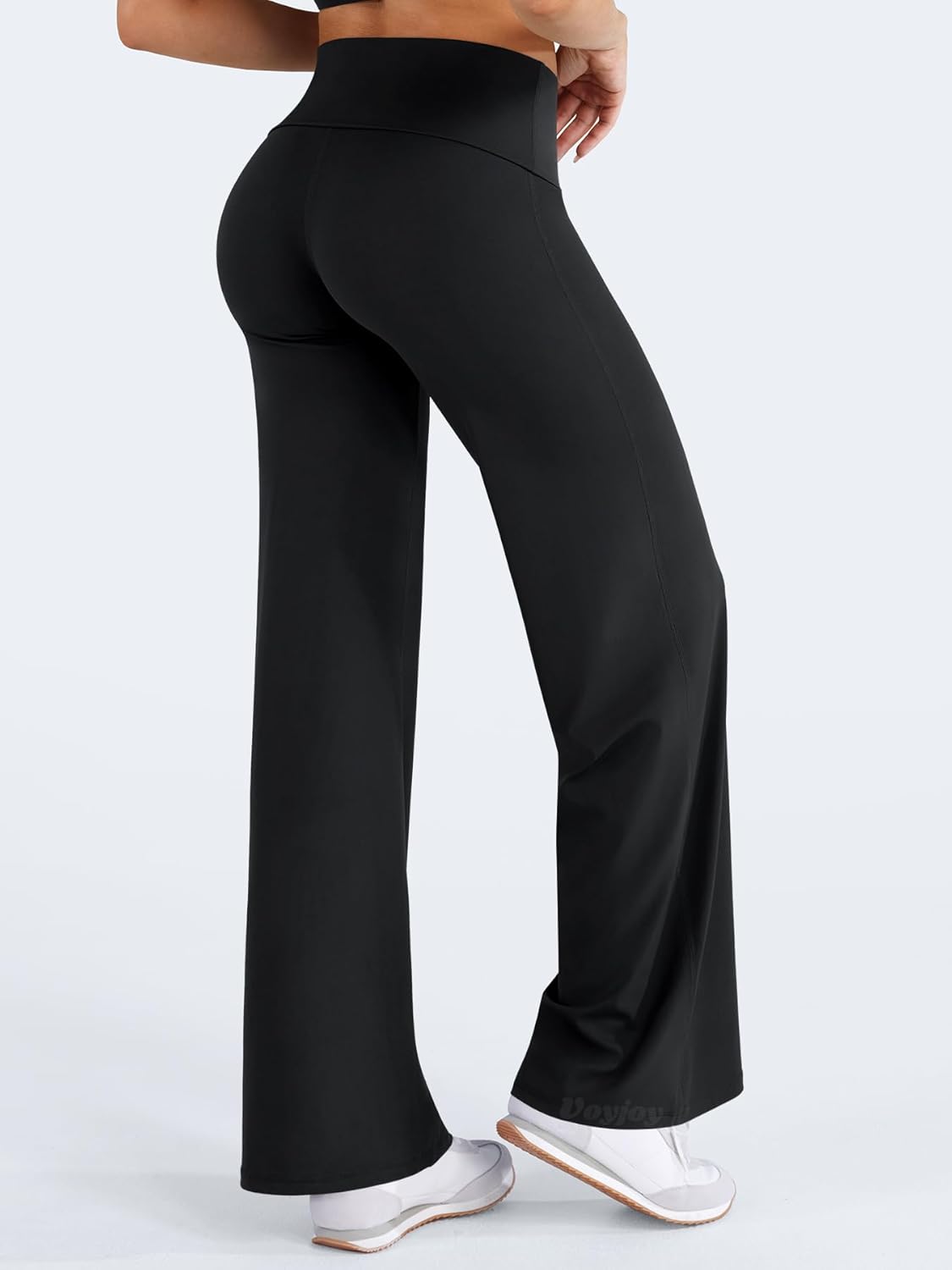 VOYJOY Women's Fold Over Straight Leggings - No Front Seam, Mid-Low Waist, 31.5" Stretch Yoga Pants
