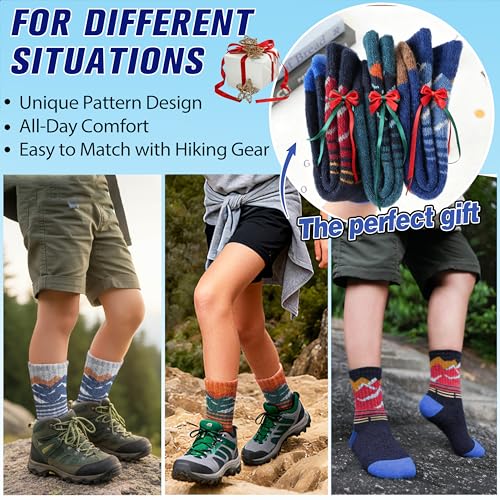 Kids Boys Merino Wool Thermal Hiking Socks 8-12 Years, Mountain Series, 6 Pairs