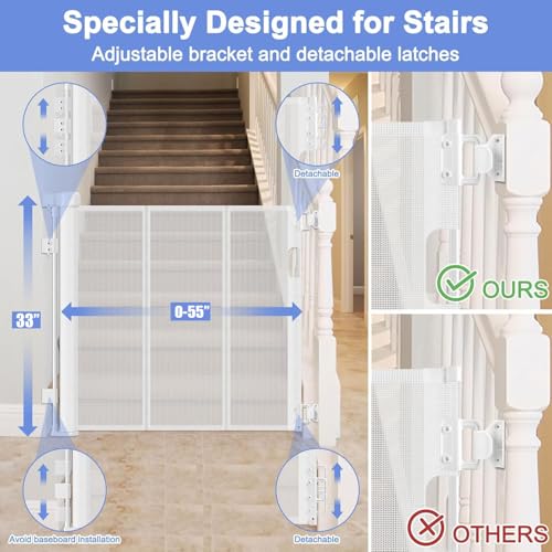 Reinforced Retractable Baby Gates for Stairs 55 Inch Reinforced Strip Baby Stair Gate Retractable Dog Gate for Stairs Retractable Gate for Stair Post, Banister to Banister, Banister to Wall, Doorway