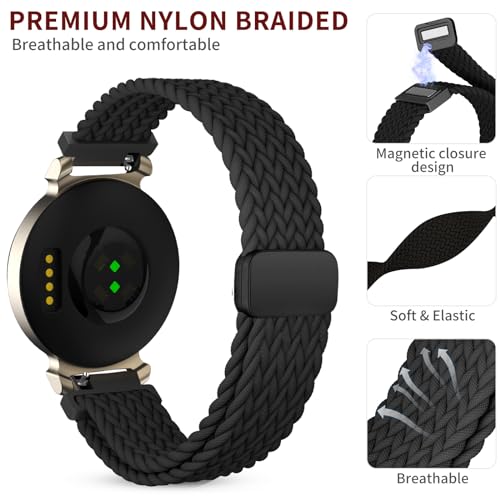 CUNUJIX Black Magnetic Braided Watch Band for Garmin Lily 2 - Elastic Nylon Strap