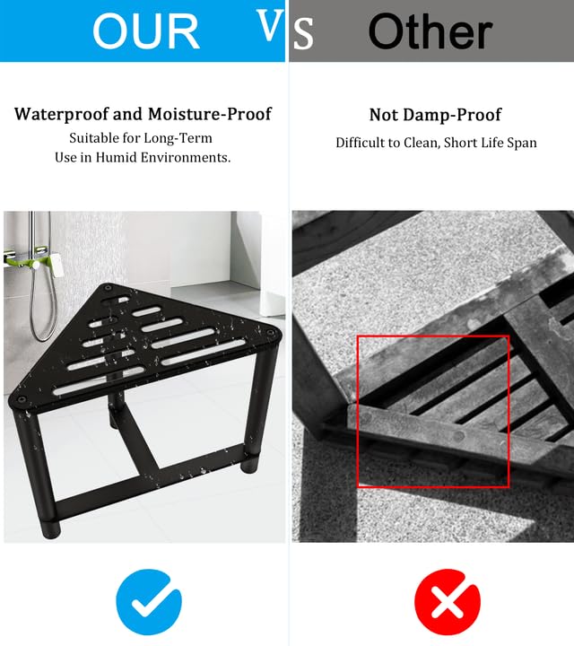 JIAPAIDUO Shower Stool for Inside Shower, 13.78" D Stainless Steel Shaving Foot Rest, Waterproof Corner Bench, Black Seat to Shave Legs with Rubber Cushion