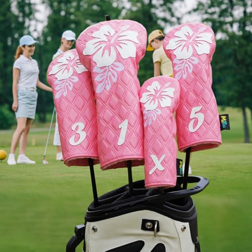 Pink Golf Club Head Covers 4 Pack Set with Hibiscus Flowers for Women - Mytag