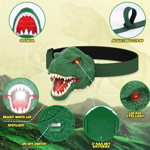 Dinosaur Headlamp for Kids - LED Flashlight with Roar & Silent Mode - Green