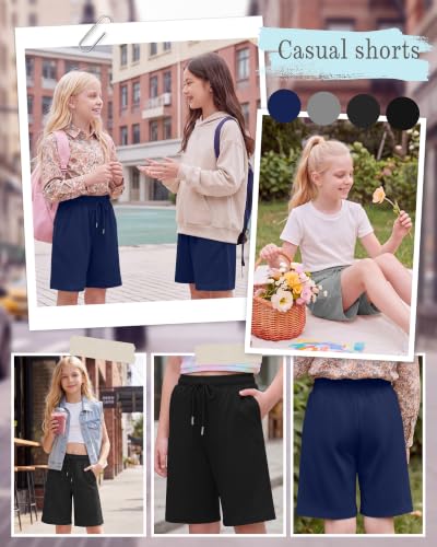 Girl's Athletic Drawstring Shorts - 4 Pack, 11-12 Years, Navy Blue & More
