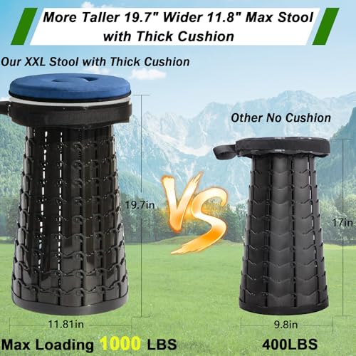 PLOGGING 2026 XXL Collapsible Stool with Thick Cushion – 19.7in Height, 1000lb Load Capacity, Black