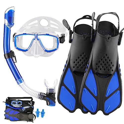 DiVLMT Adult Snorkeling Gear Set with Mask Fins Dry Snorkel, US Men 9-13 / Lady 10-14, Blue