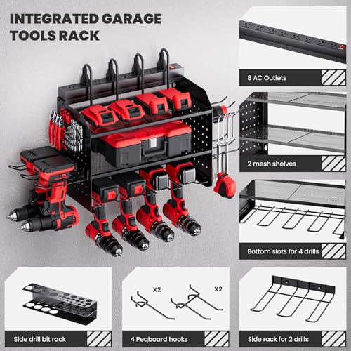 TRZZ Power Tool Organizer Wall Mount, 3-Layer Charging Station with 8 Outlets, 6 Drill Holders and Drill Bit Rack, Efficient and Organized Storage for Garage, Workbench, and Workshop (Black)