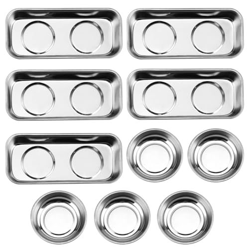 SINJEUN 10 Pieces Rectangle Magnetic Part Tray, 2 Sizs Magnetic Tray Set 6x2.55x1 and 2.95x1 Inch Stainless Steel Magnetic Tray Holder for Screws, Nut, Bolt and Metal Part