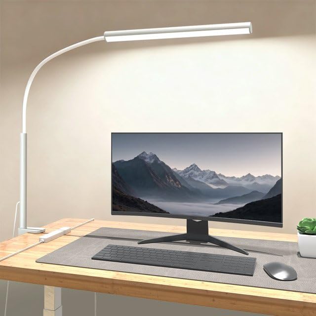 fuaoddda LED Desk Lamp with Clamp, Eye-Protection Clip on Desk Lamp, 5 Modes 10 Brightness Adjustment, 360°Flexible Gooseneck Lamp for Home Office, Lamps with USB Adapter，White