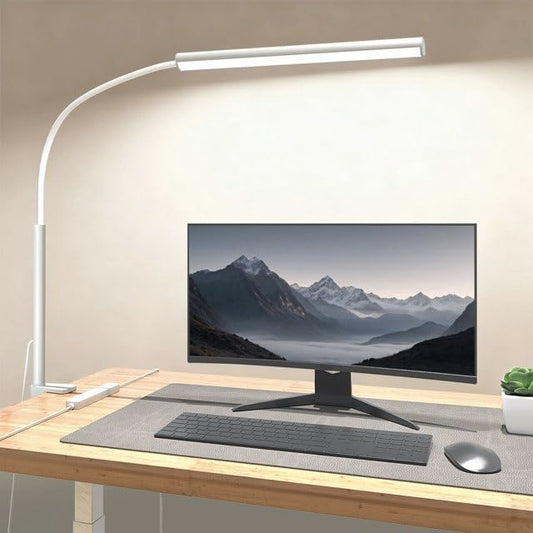 fuaoddda LED Desk Lamp with Clamp, Eye-Protection Clip on Desk Lamp, 5 Modes 10 Brightness Adjustment, 360°Flexible Gooseneck Lamp for Home Office, Lamps with USB Adapter，White