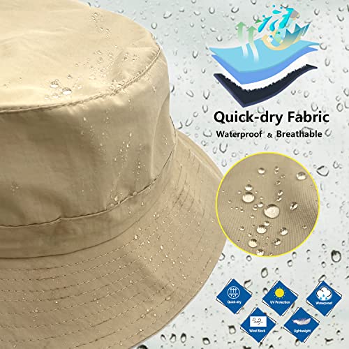 Woogwin Waterproof Bucket Hat with Chin Strap - Quick Dry, Packable Sun & Safari Hat, Khaki, Medium-X-Large