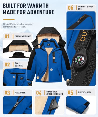 Kids Waterproof Ski Jacket XX-Large Royal Blue Winter Snow Coat with Sherpa Fleece, Hooded & Windproof